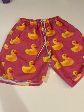 Neff Rubber Duck Print Swim Trunks Pink Yellow Elastic Waist Drawstring S